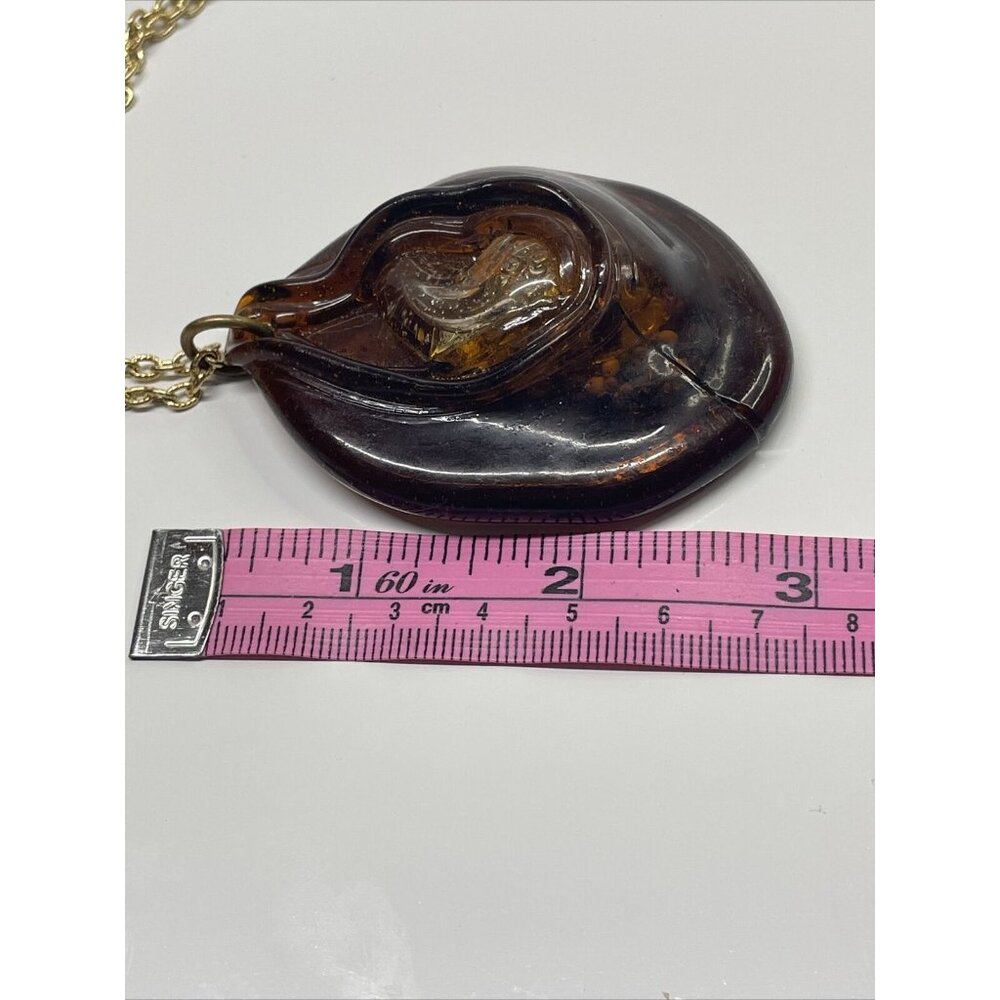 Unique Faux Amber Plastic Pendant Necklace w/ beads embedded 24” Gold Tone Chain - Picture 9 of 9